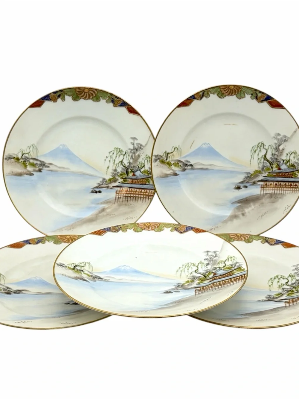 Set of Five Antique TS Nippon Kutani Mount Fuji Plates 7.25” Gold Gilt Japan